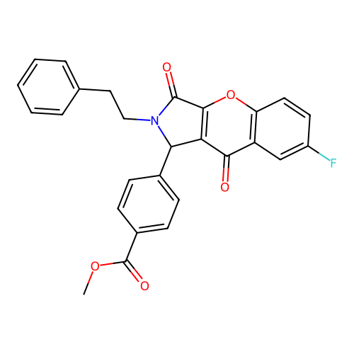 methyl 4-[7-fluoro-3,9-dioxo-2-(2-phenylethyl)-1,2,3,9-tetrahydrochromeno[2,3-c]pyrrol-1-yl]benzoate structure