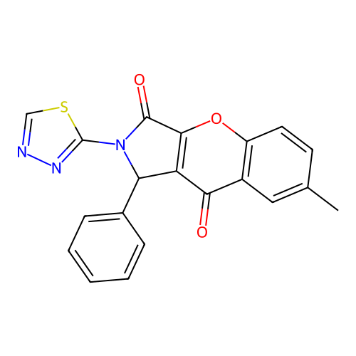 7-methyl-1-phenyl-2-(1,3,4-thiadiazol-2-yl)-1,2-dihydrochromeno[2,3-c]pyrrole-3,9-dione structure