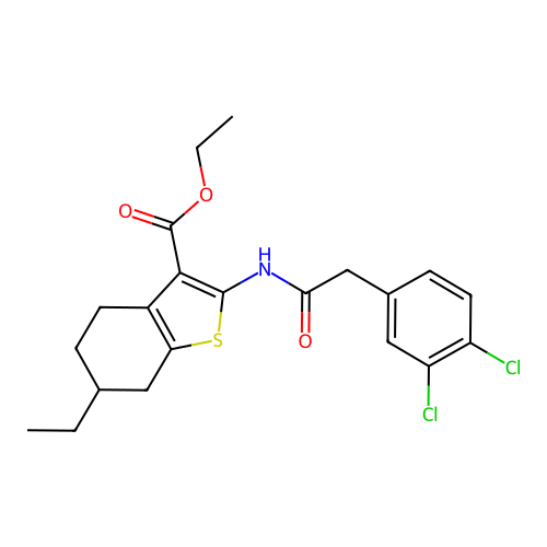 ethyl 2-{[(3,4-dichlorophenyl)acetyl]amino}-6-ethyl-4,5,6,7-tetrahydro-1-benzothiophene-3-carboxylate structure