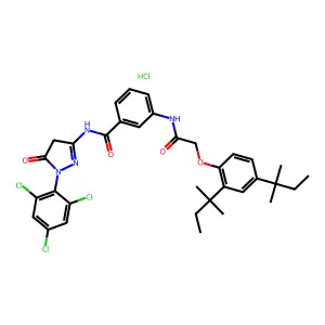 Benzamide, 3-[[[2,4-bis(1,1-dimethylpropyl)phenoxy]acetyl]amino]-N-[4,5-dihydro-5-oxo-1-(2,4,6-trichlorophenyl)-1H-pyrazol-3-yl]-, monohydrochloride structure
