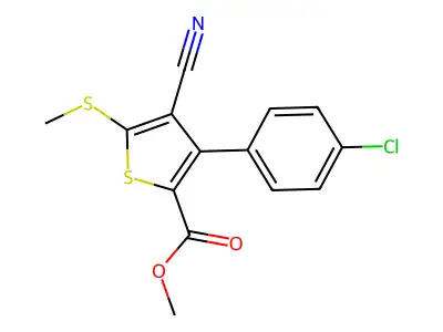 Methyl 3-(4-chlorophenyl)-4-cyano-5-(methylthio)thiophene-2-carboxylate structure