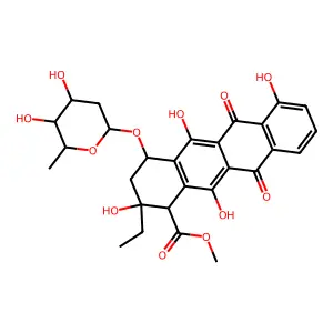 methyl 4-(4,5-dihydroxy-6-methyloxan-2-yl)oxy-2-ethyl-2,5,7,12-tetrahydroxy-6,11-dioxo-3,4-dihydro-1H-tetracene-1-carboxylate structure