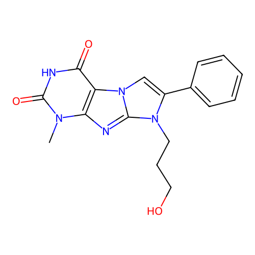 4-hydroxy-8-(3-hydroxypropyl)-1-methyl-7-phenyl-1H-imidazo[2,1-f]purin-2(8H)-one structure