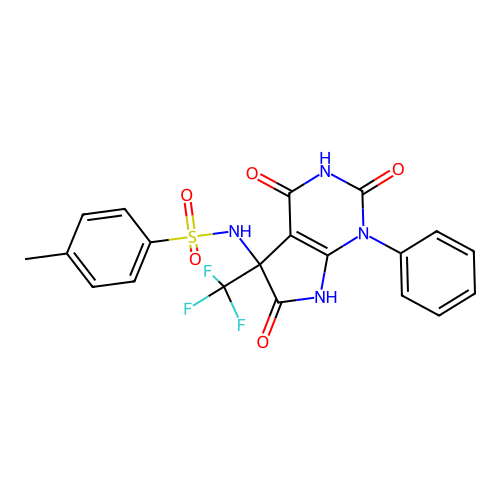 4-methyl-N-[2,4,6-trioxo-1-phenyl-5-(trifluoromethyl)-7H-pyrrolo[2,3-d]pyrimidin-5-yl]benzenesulfonamide structure