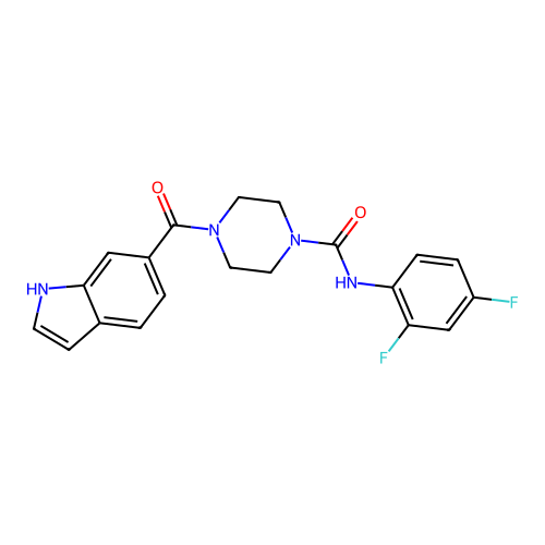 N-(2,4-difluorophenyl)-4-(1H-indole-6-carbonyl)piperazine-1-carboxamide structure