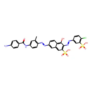 7-((E)-{4-[(4-Aminobenzoyl)amino]-2-methylphenyl}diazenyl)-3-[(E)-(4-chloro-3-sulfophenyl)diazenyl]-4-hydroxynaphthalene-2-sulfonic acid structure