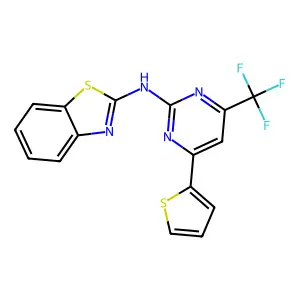 N-[4-(thiophen-2-yl)-6-(trifluoromethyl)pyrimidin-2-yl]-1,3-benzothiazol-2-amine structure