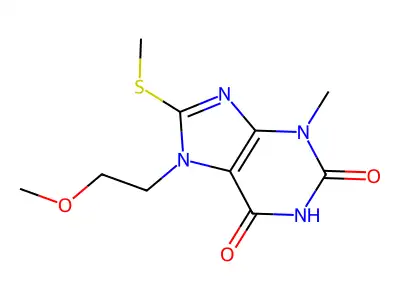 7-(2-methoxyethyl)-3-methyl-8-(methylthio)-1H-purine-2,6(3H,7H)-dione structure
