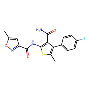 N-[3-carbamoyl-4-(4-fluorophenyl)-5-methylthiophen-2-yl]-5-methyl-1,2-oxazole-3-carboxamide structure