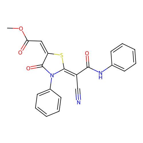 (E)-methyl 2-((Z)-2-(1-cyano-2-oxo-2-(phenylamino)ethylidene)-4-oxo-3-phenylthiazolidin-5-ylidene)acetate structure