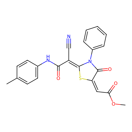 (E)-methyl 2-((Z)-2-(1-cyano-2-oxo-2-(p-tolylamino)ethylidene)-4-oxo-3-phenylthiazolidin-5-ylidene)acetate structure