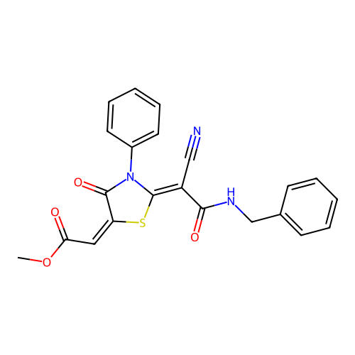 (E)-methyl 2-((Z)-2-(2-(benzylamino)-1-cyano-2-oxoethylidene)-4-oxo-3-phenylthiazolidin-5-ylidene)acetate structure