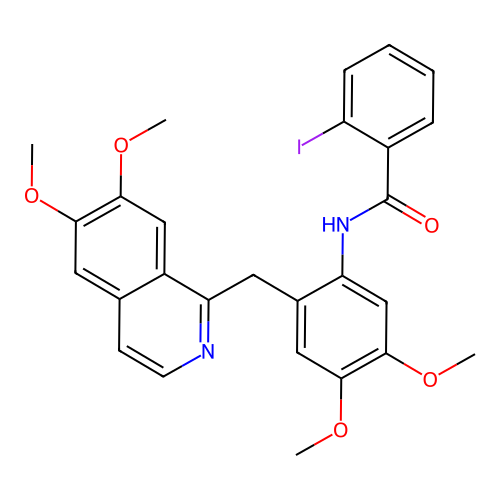 N-{2-[(6,7-dimethoxyisoquinolin-1-yl)methyl]-4,5-dimethoxyphenyl}-2-iodobenzamide structure