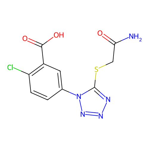 5-{5-[(2-amino-2-oxoethyl)sulfanyl]-1H-tetrazol-1-yl}-2-chlorobenzoic acid structure