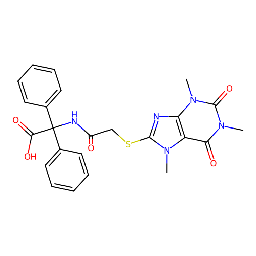 2,2-diphenyl-2-[[2-(1,3,7-trimethyl-2,6-dioxo-purin-8-yl)sulfanylacetyl]amino]acetic Acid structure