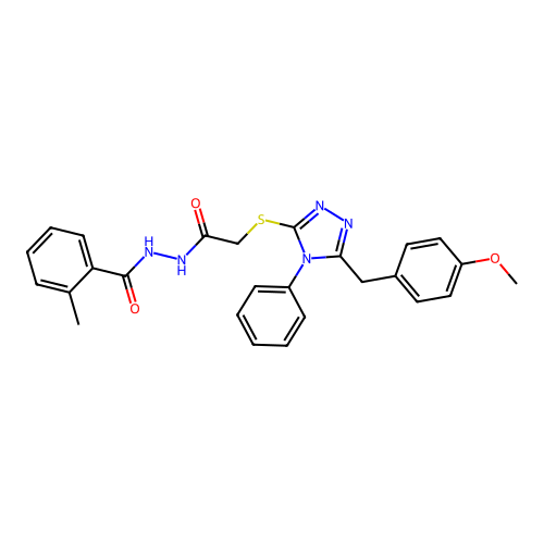 N'-({[5-(4-methoxybenzyl)-4-phenyl-4H-1,2,4-triazol-3-yl]sulfanyl}acetyl)-2-methylbenzohydrazide structure