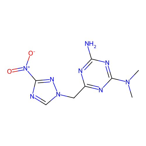 2-N,2-N-dimethyl-6-[(3-nitro-1,2,4-triazol-1-yl)methyl]-1,3,5-triazine-2,4-diamine structure