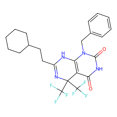 1-benzyl-7-(2-cyclohexylethyl)-4-hydroxy-5,5-bis(trifluoromethyl)-5,8-dihydropyrimido[4,5-d]pyrimidin-2(1H)-one structure