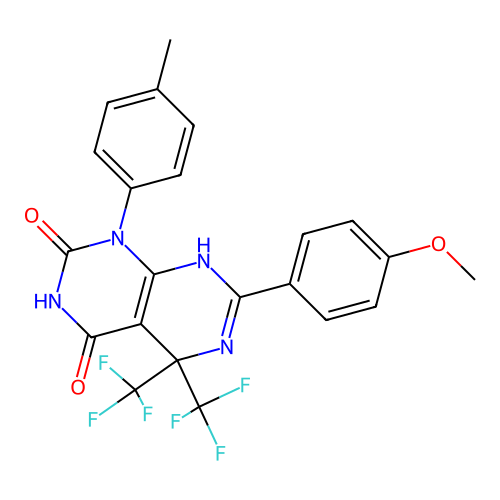 4-hydroxy-7-(4-methoxyphenyl)-1-(4-methylphenyl)-5,5-bis(trifluoromethyl)-5,8-dihydropyrimido[4,5-d]pyrimidin-2(1H)-one structure