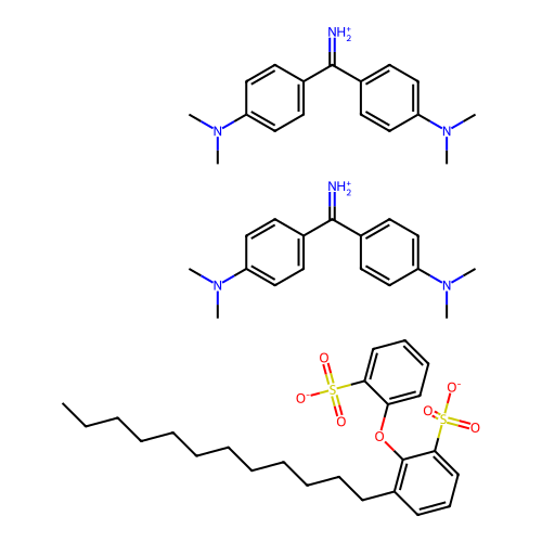 Bis(4-dimethylaminophenyl)methylideneazanium; 3-dodecyl-2-(2-sulfonatophenoxy)benzenesulfonate structure