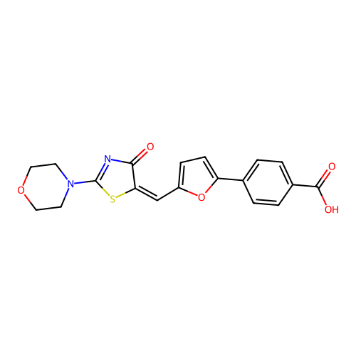 (E)-4-(5-((2-morpholino-4-oxothiazol-5(4H)-ylidene)methyl)furan-2-yl)benzoic acid structure