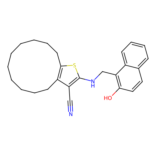 2-(((2-hydroxynaphthalen-1-yl)methyl)amino)-4,5,6,7,8,9,10,11,12,13-decahydrocyclododeca[b]thiophene-3-carbonitrile structure