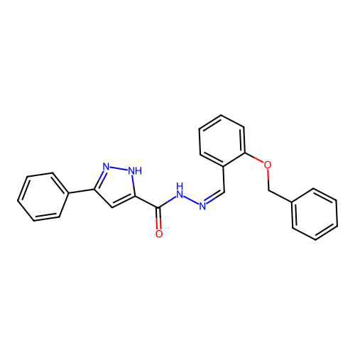 3-phenyl-N-[(E)-(2-phenylmethoxyphenyl)methylideneamino]-1H-pyrazole-5-carboxamide structure