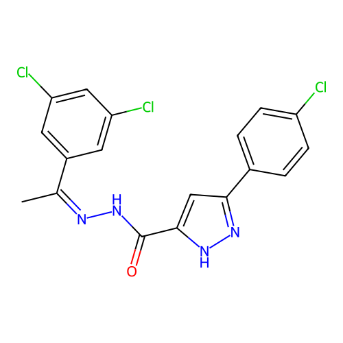 3-(4-chlorophenyl)-N'-[(1Z)-1-(3,5-dichlorophenyl)ethylidene]-1H-pyrazole-5-carbohydrazide structure
