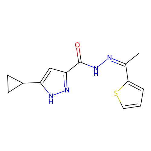 5-cyclopropyl-N'-[(1Z)-1-(thiophen-2-yl)ethylidene]-1H-pyrazole-3-carbohydrazide structure