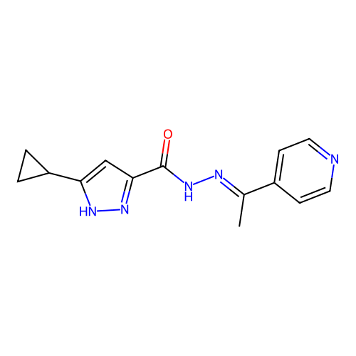 (E)-3-cyclopropyl-N'-(1-(pyridin-4-yl)ethylidene)-1H-pyrazole-5-carbohydrazide structure