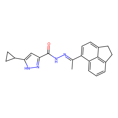 3-cyclopropyl-N'-[(1E)-1-(1,2-dihydroacenaphthylen-5-yl)ethylidene]-1H-pyrazole-5-carbohydrazide structure