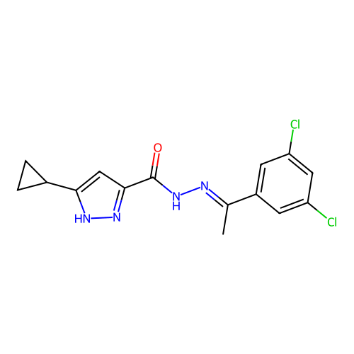 3-cyclopropyl-N'-[(1E)-1-(3,5-dichlorophenyl)ethylidene]-1H-pyrazole-5-carbohydrazide structure