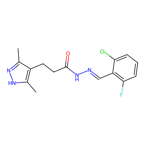 (E)-N'-(2-chloro-6-fluorobenzylidene)-3-(3,5-dimethyl-1H-pyrazol-4-yl)propanehydrazide structure