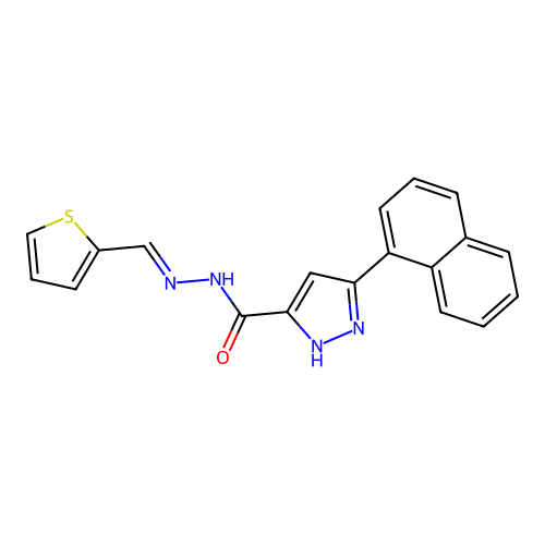 (E)-3-(naphthalen-1-yl)-N'-(thiophen-2-ylmethylene)-1H-pyrazole-5-carbohydrazide structure