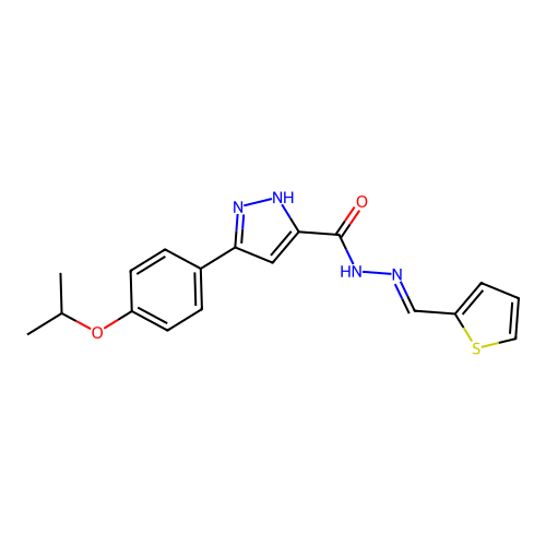 (E)-3-(4-isopropoxyphenyl)-N'-(thiophen-2-ylmethylene)-1H-pyrazole-5-carbohydrazide structure