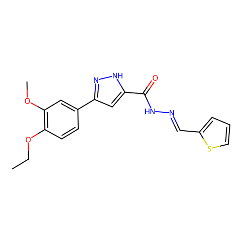 (E)-3-(4-ethoxy-3-methoxyphenyl)-N'-(thiophen-2-ylmethylene)-1H-pyrazole-5-carbohydrazide structure