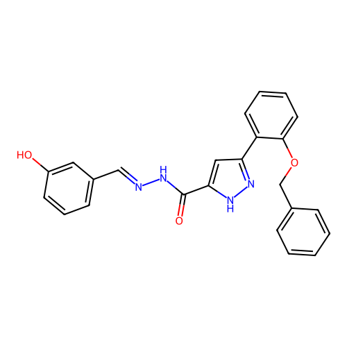 3-[2-(benzyloxy)phenyl]-N'-[(E)-(3-hydroxyphenyl)methylidene]-1H-pyrazole-5-carbohydrazide structure