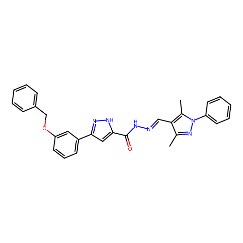 (E)-3-(3-(benzyloxy)phenyl)-N'-((3,5-dimethyl-1-phenyl-1H-pyrazol-4-yl)methylene)-1H-pyrazole-5-carbohydrazide structure