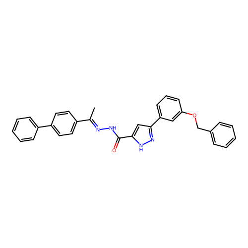 3-[3-(benzyloxy)phenyl]-N'-[(1E)-1-(biphenyl-4-yl)ethylidene]-1H-pyrazole-5-carbohydrazide structure