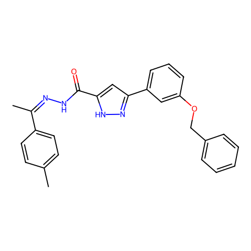 3-[3-(benzyloxy)phenyl]-N'-[(1Z)-1-(4-methylphenyl)ethylidene]-1H-pyrazole-5-carbohydrazide structure