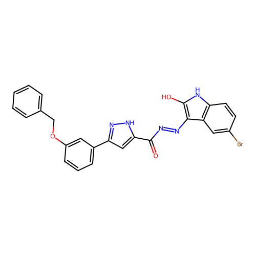 3-[3-(benzyloxy)phenyl]-N'-[(3E)-5-bromo-2-oxo-1,2-dihydro-3H-indol-3-ylidene]-1H-pyrazole-5-carbohydrazide structure