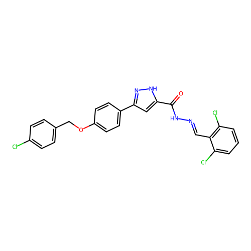 3-{4-[(4-chlorobenzyl)oxy]phenyl}-N'-[(E)-(2,6-dichlorophenyl)methylidene]-1H-pyrazole-5-carbohydrazide structure