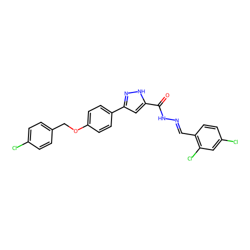 3-{4-[(4-chlorobenzyl)oxy]phenyl}-N'-[(E)-(2,4-dichlorophenyl)methylidene]-1H-pyrazole-5-carbohydrazide structure