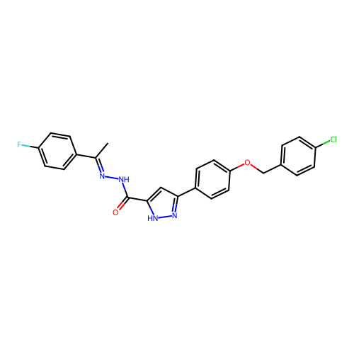 3-(4-((4-CL-Benzyl)oxy)PH)-N'-(1-(4-F-PH)ethylidene)1H-pyrazole-5-carbohydrazide structure