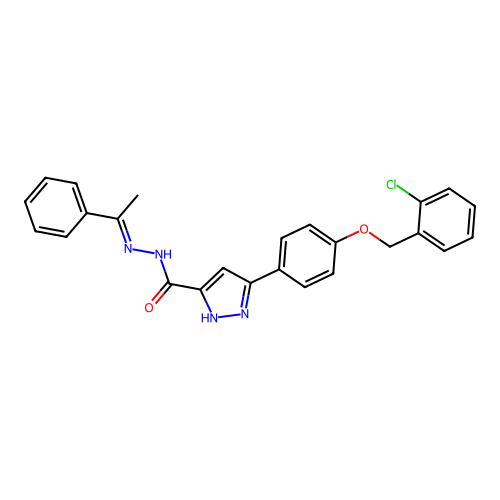 3-(4-((2-CL-Benzyl)oxy)PH)-N'-(1-phenylethylidene)-1H-pyrazole-5-carbohydrazide structure