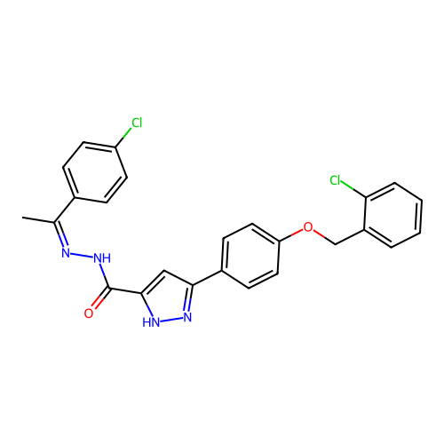 3-{4-[(2-chlorobenzyl)oxy]phenyl}-N'-[(1Z)-1-(4-chlorophenyl)ethylidene]-1H-pyrazole-5-carbohydrazide structure