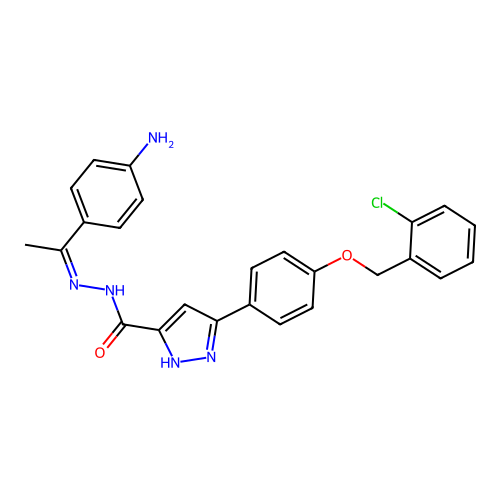 (Z)-N'-(1-(4-aminophenyl)ethylidene)-3-(4-((2-chlorobenzyl)oxy)phenyl)-1H-pyrazole-5-carbohydrazide structure