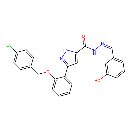 3-[2-[(4-chlorophenyl)methoxy]phenyl]-N-[(E)-(3-hydroxyphenyl)methylideneamino]-1H-pyrazole-5-carboxamide structure