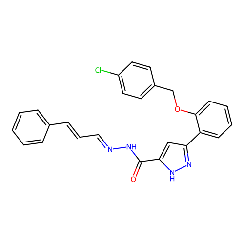 3-{2-[(4-chlorobenzyl)oxy]phenyl}-N'-[(1E,2E)-3-phenylprop-2-en-1-ylidene]-1H-pyrazole-5-carbohydrazide structure