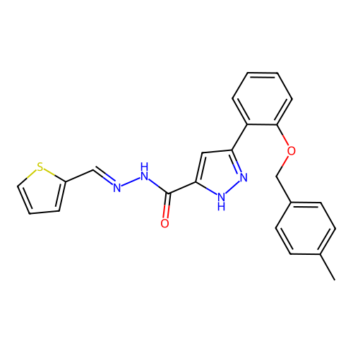 3-{2-[(4-methylbenzyl)oxy]phenyl}-N'-[(E)-thiophen-2-ylmethylidene]-1H-pyrazole-5-carbohydrazide structure